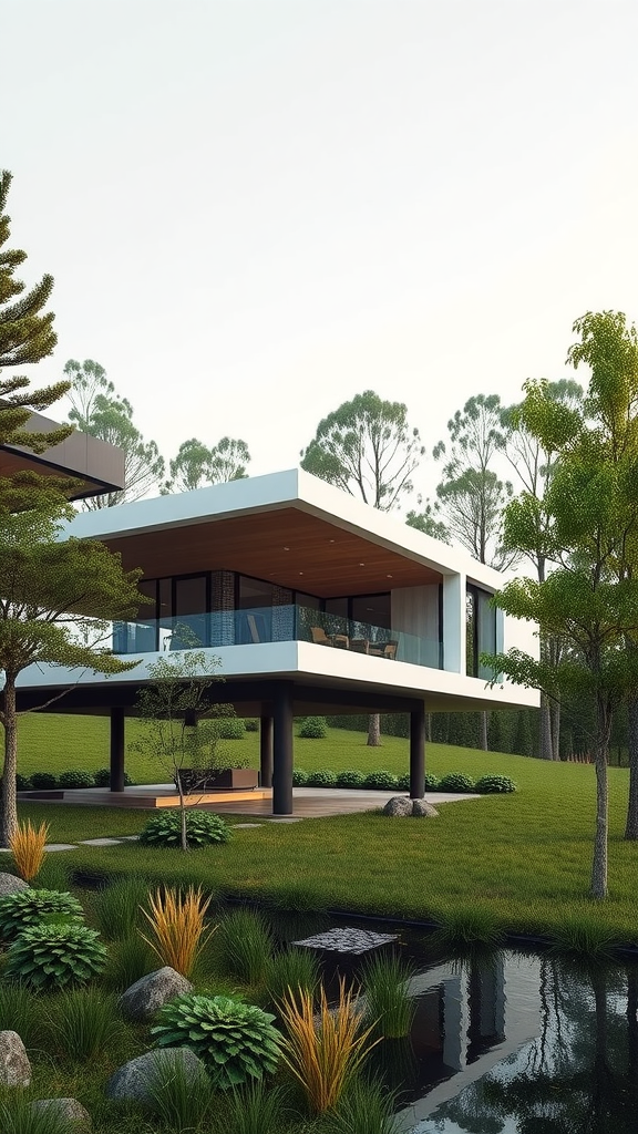 A modern minimalist retreat featuring a sleek design surrounded by nature.