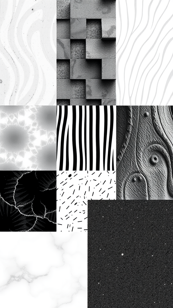 A collage of various monochrome patterns in black and white