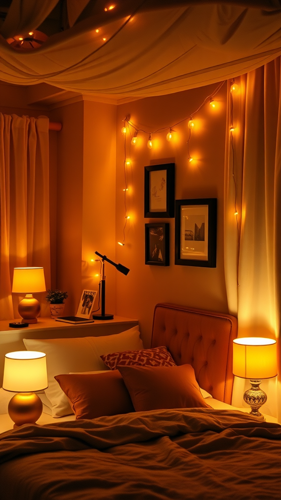 Cozy bedroom with warm lighting and soft textures