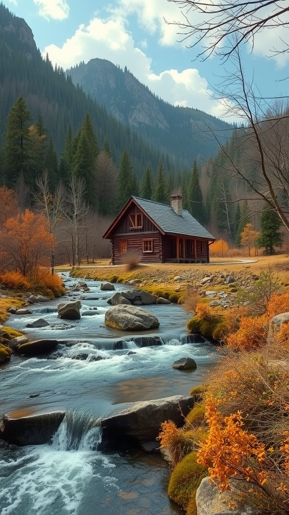 A cozy cottage by a mountain stream surrounded by colorful autumn foliage.