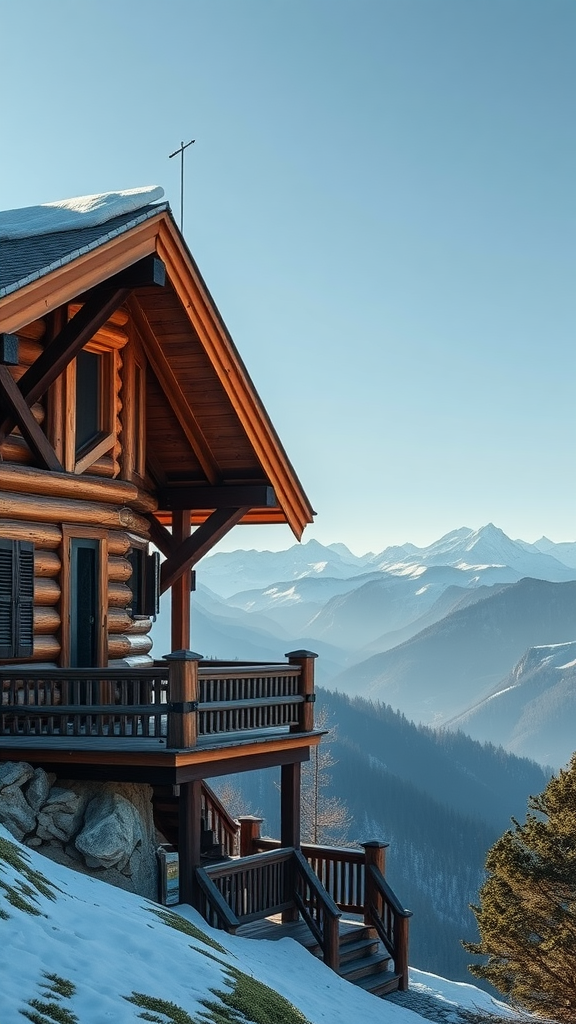 A beautiful log cabin chalet with a mountain backdrop and snow-covered ground.