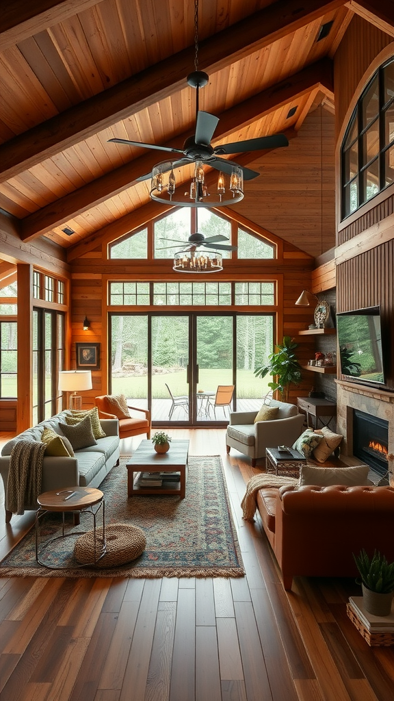 Cozy living room with wooden accents and large windows