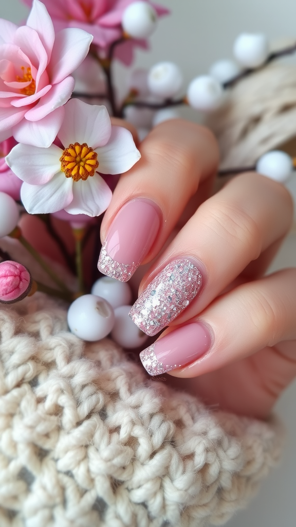 Muted rose nails with glitter accents and floral background