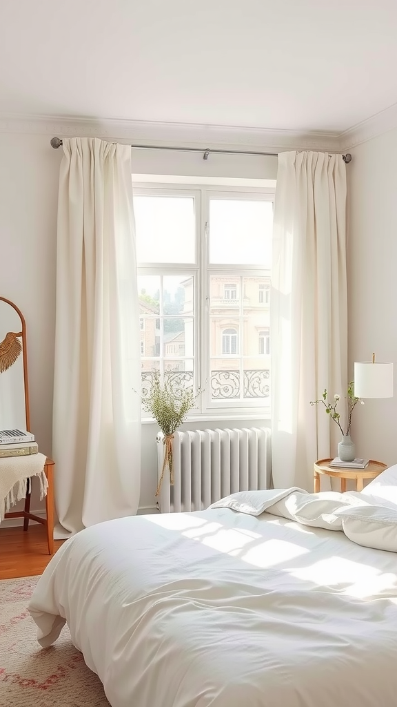 Bright and airy bedroom with muted white walls and curtains, featuring a cozy bed and wooden furniture