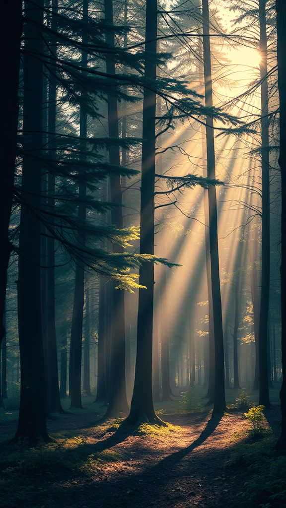 Sunlight filtering through trees in a forest