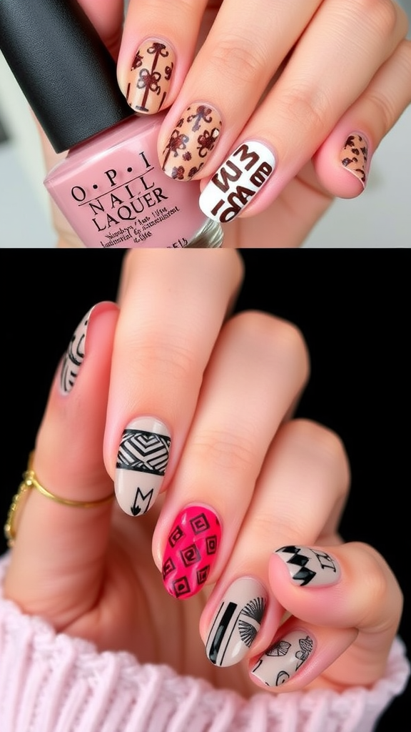 Nail art designs featuring OPI shades with floral patterns and bold graphics.