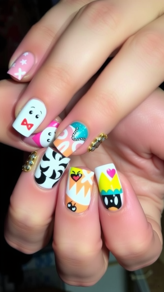 Colorful nail art featuring playful designs and patterns on various nails.