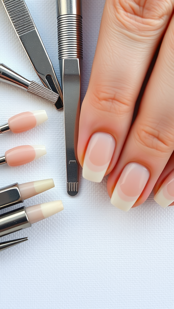 A hand with square-shaped nails and nail care tools