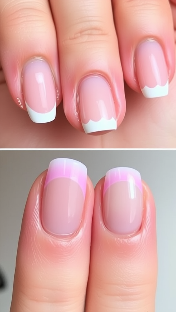 Image of nails showcasing different shellac application techniques with a classic French manicure style.