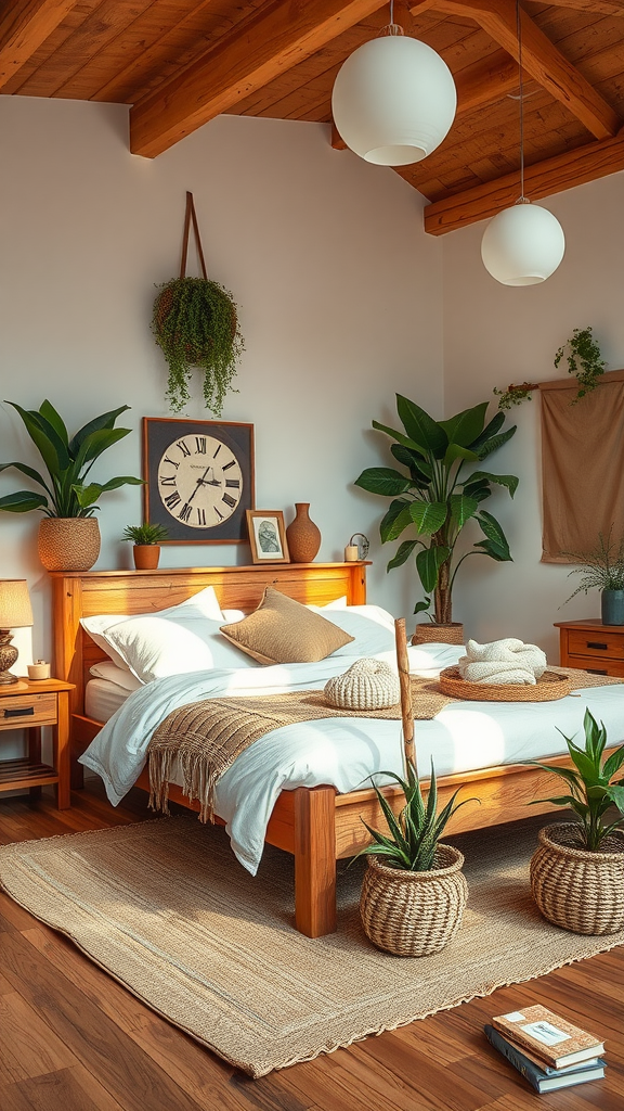 Cozy bedroom with wooden beams, plants, and soft textiles.