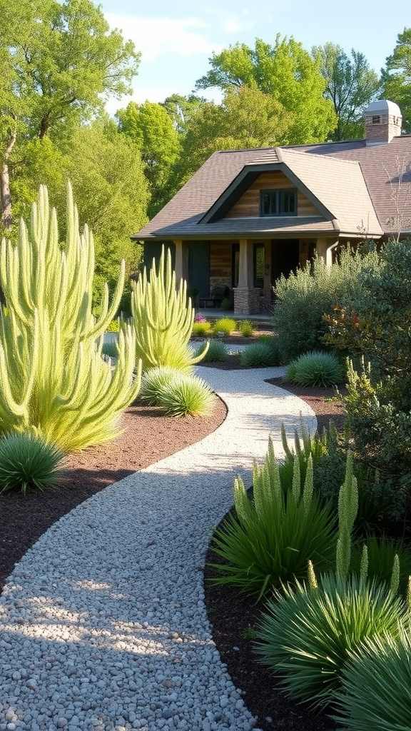 A beautifully landscaped path leading to a house, surrounded by vibrant greenery and unique plants.