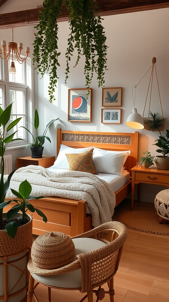 Cozy bedroom featuring natural wood accents with plants and decorative items