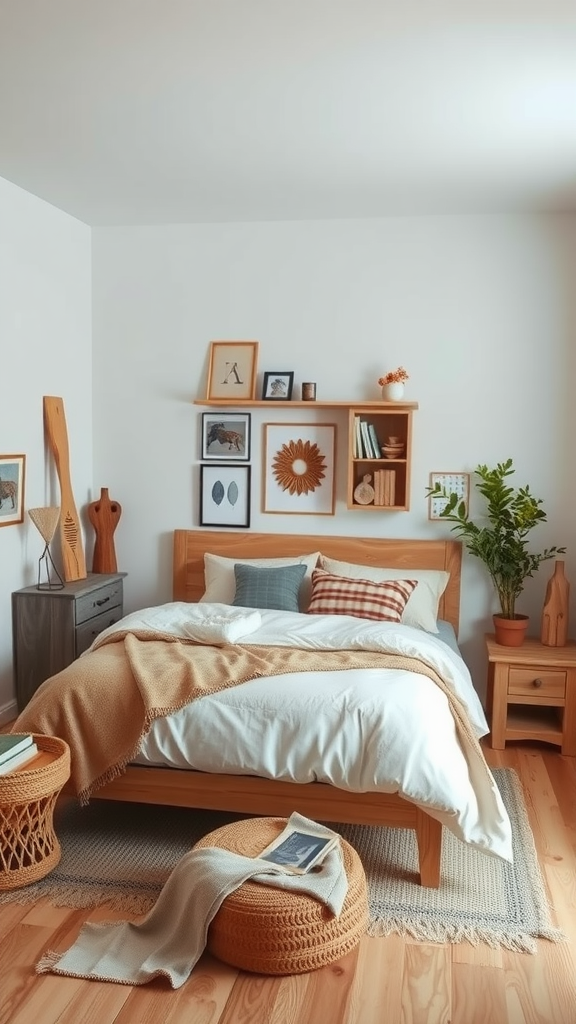 Cozy bedroom featuring natural wood accents, warm tones, and a calming atmosphere