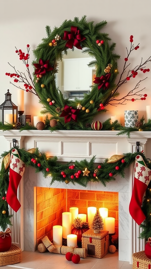 A beautifully decorated fireplace with a wreath, garland, and candles for a cozy holiday feel.