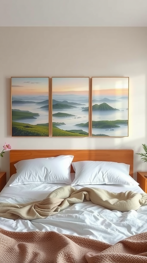 A cozy bedroom featuring nature-inspired artwork of green hills and soft morning light.