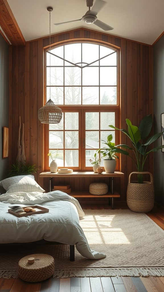 Cozy bedroom with large windows and natural decor elements