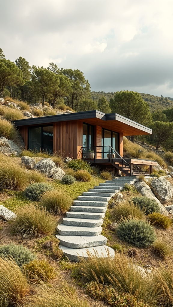 A modern eco home surrounded by greenery and steps leading up to it.