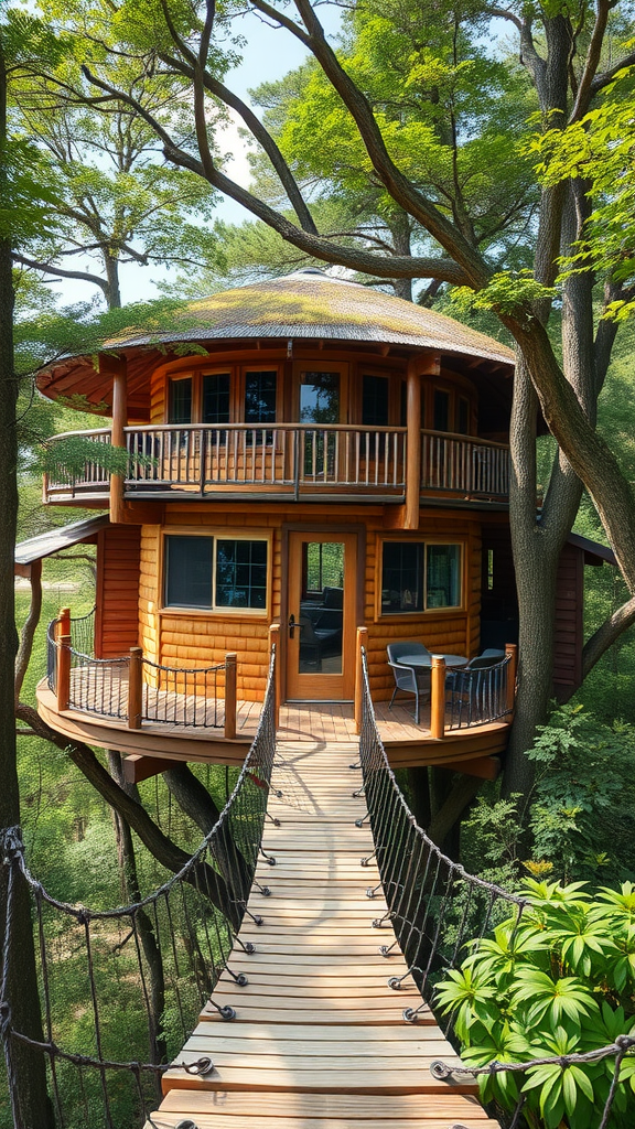 A beautiful treehouse with a wooden structure and a rope bridge leading to it, surrounded by green trees.