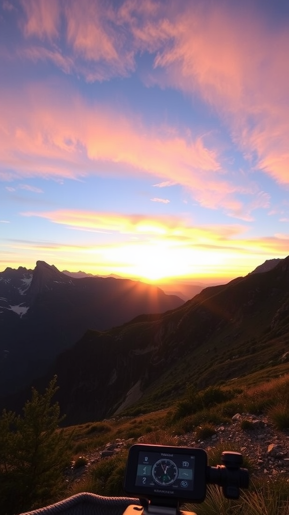A sunset view over mountains with a device in the foreground