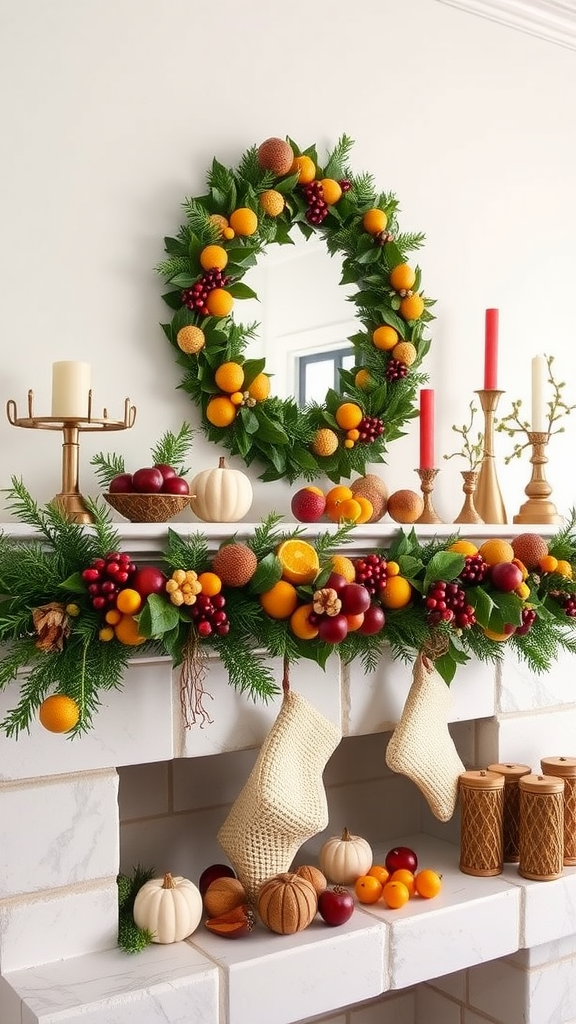 A decorated mantel with fruits, greenery, and candles for a cozy seasonal display.