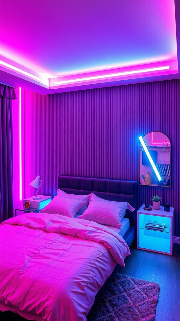 A stylish bedroom featuring vibrant neon lighting in pink and blue hues.