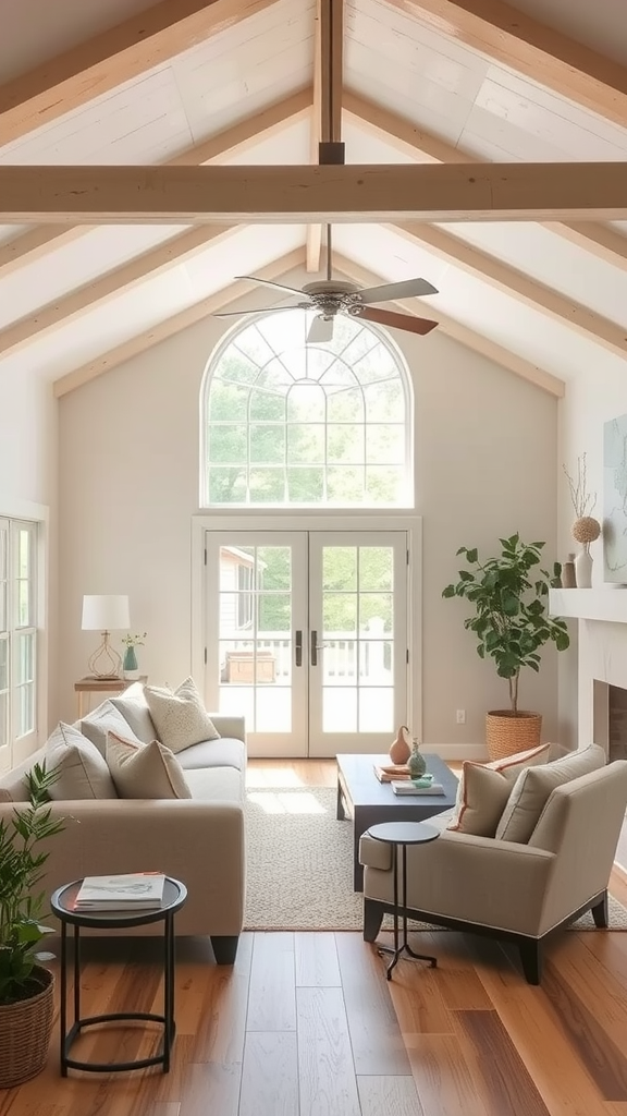 Living room with neutral color palette featuring beige furniture and wooden flooring.