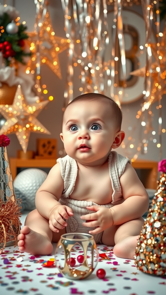 A baby sitting on a festive surface with decorations and sparkling lights around.