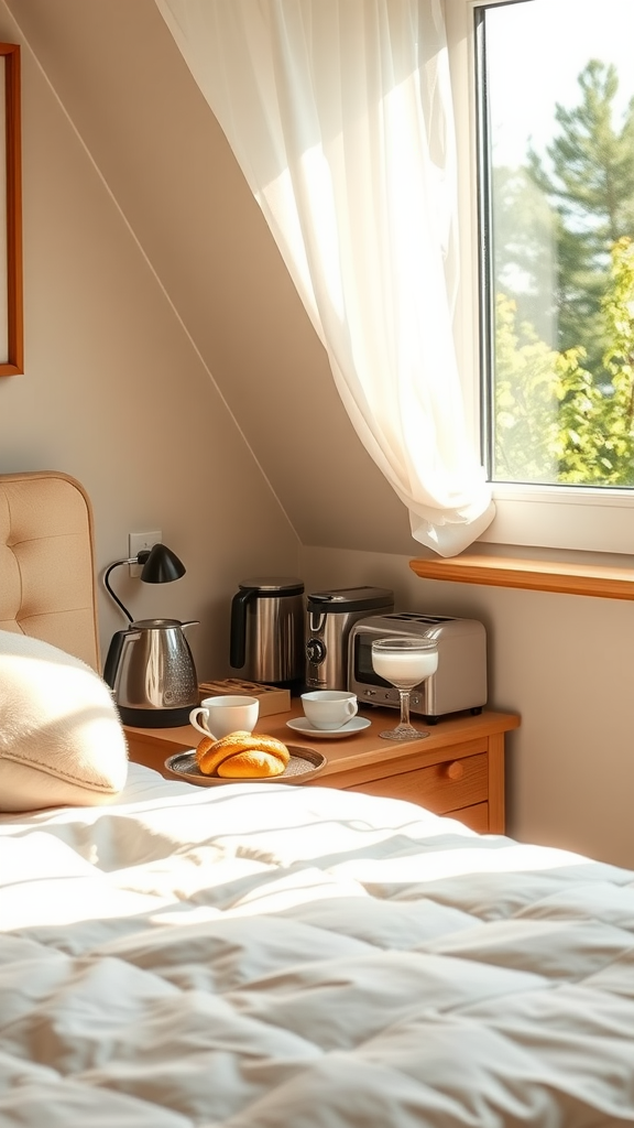 A cozy nook with a breakfast station featuring a kettle, toaster, cups, and a croissant on a bedside table.