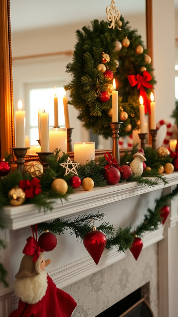 A beautifully decorated mantel with vintage Christmas ornaments, candles, and a wreath.