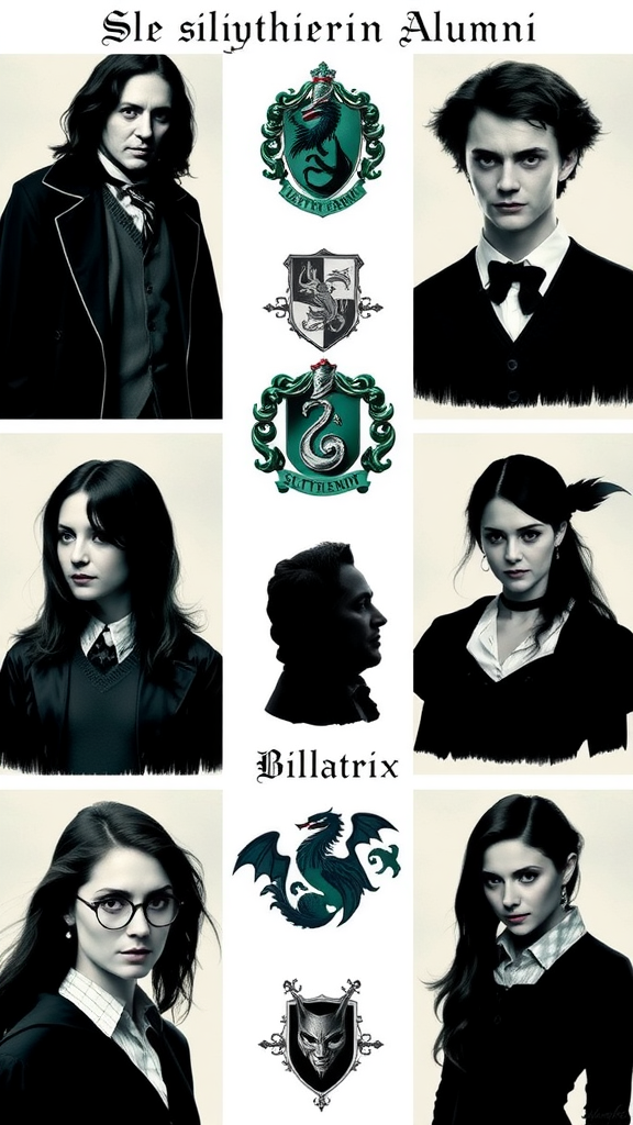 Collage of notable Slytherin house alumni with crests and portraits.