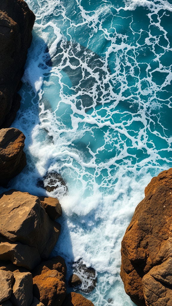 Aerial view of ocean waves crashing against rugged rocks, showcasing bright blue water and white foam.