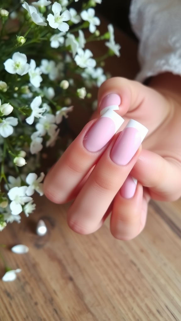 A hand holding a bouquet of small white flowers with ombre French nails featuring a soft pink base and white tips.
