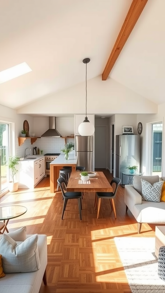 Open-concept interior of a small home featuring a kitchen, dining area, and living room.