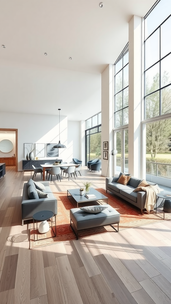 A modern open-concept living space with large windows, comfortable seating, and a dining area.