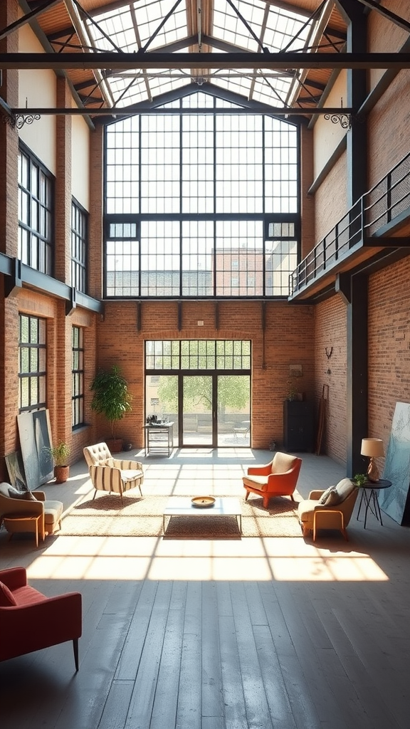 Spacious room with large windows, natural light, and cozy furniture