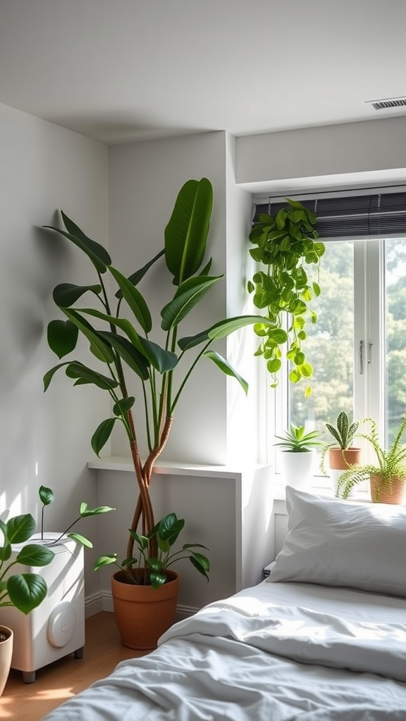 A cozy room with various indoor plants and an air purifier, showcasing an optimized air quality in a windowless space.