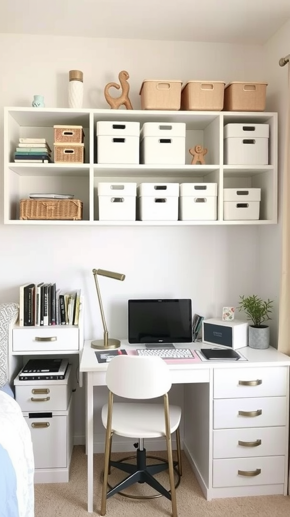 An organized workspace featuring a desk, bookshelves, and decorative storage boxes