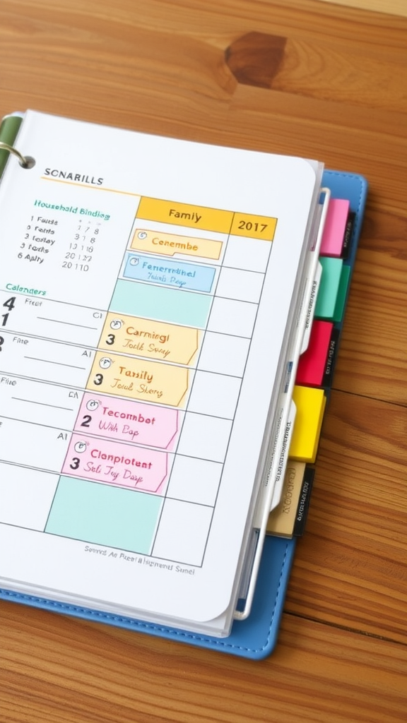 A colorful planner opened on a wooden table, featuring organized sections for family schedules.