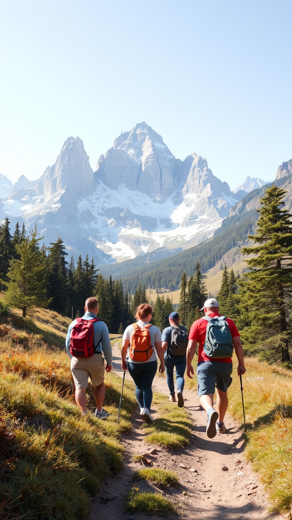 Group of friends hiking on a trail with mountains in the background