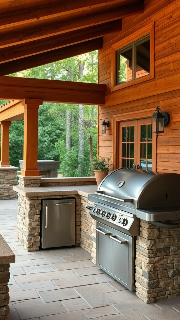 An outdoor BBQ area featuring a modern grill and a stone countertop.