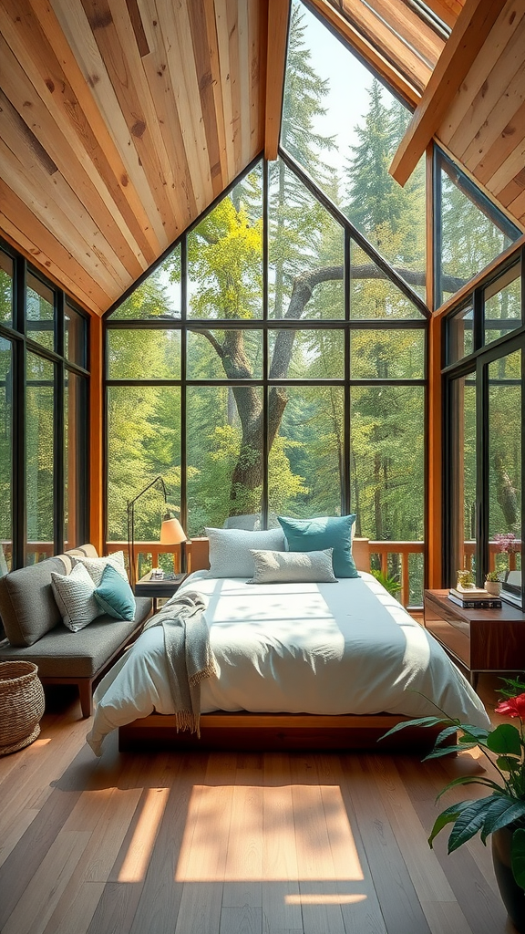 Cozy bedroom with large windows overlooking trees and greenery
