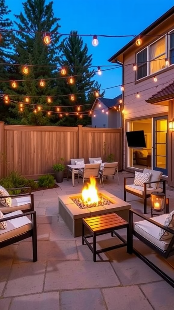 Cozy outdoor entertainment space featuring a fire pit and string lights.