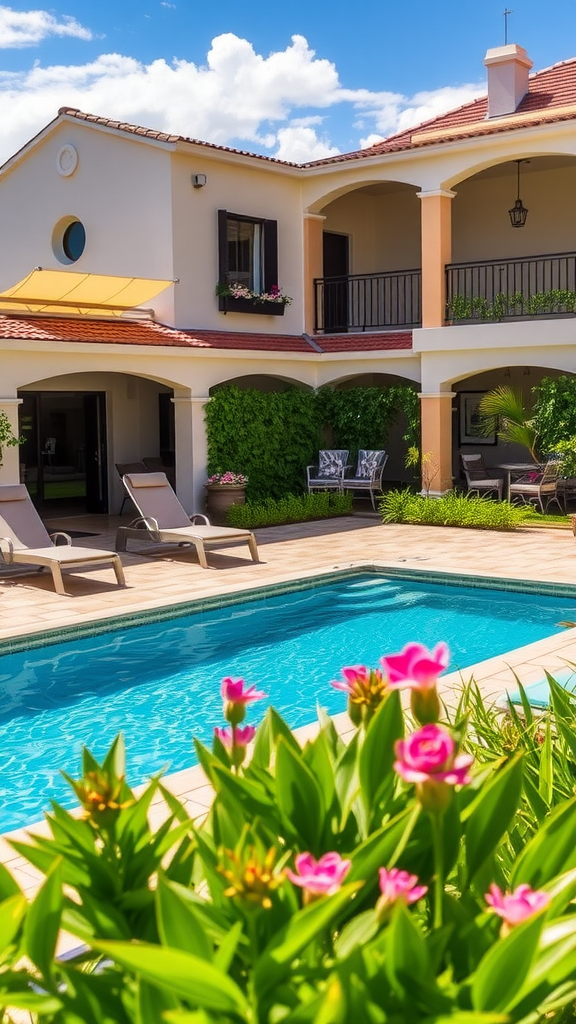 A sunny outdoor pool area with chairs and colorful flowers