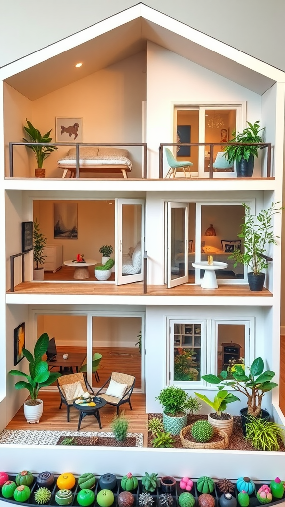 A colorful dollhouse with balconies and gardens featuring miniature plants and furniture.
