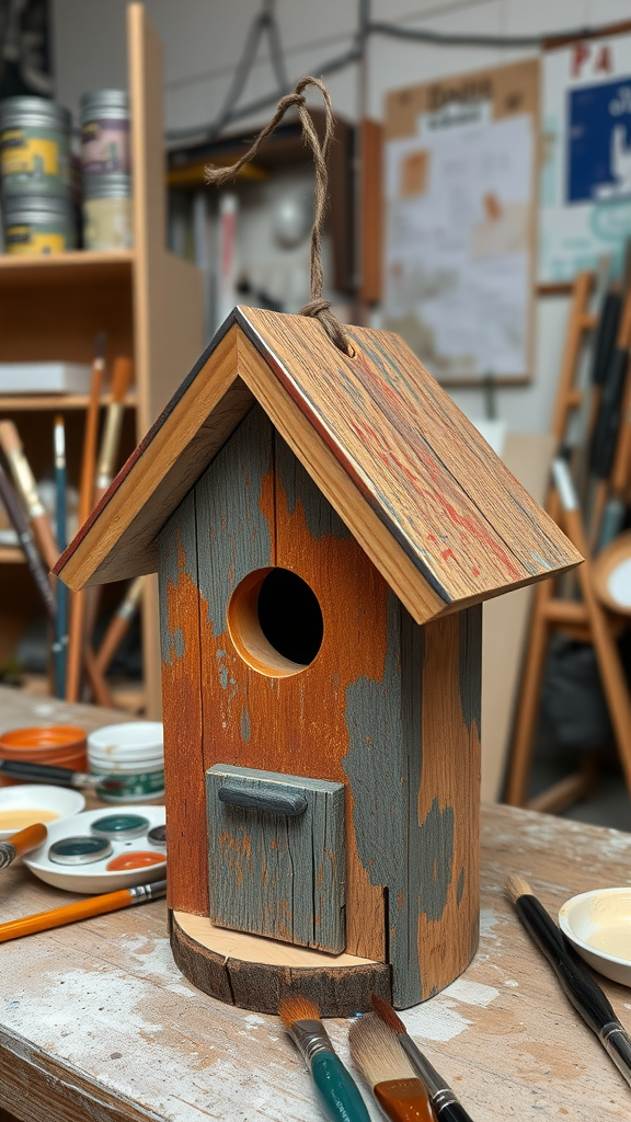 A rustic birdhouse with peeling paint and natural wood textures, surrounded by painting supplies.