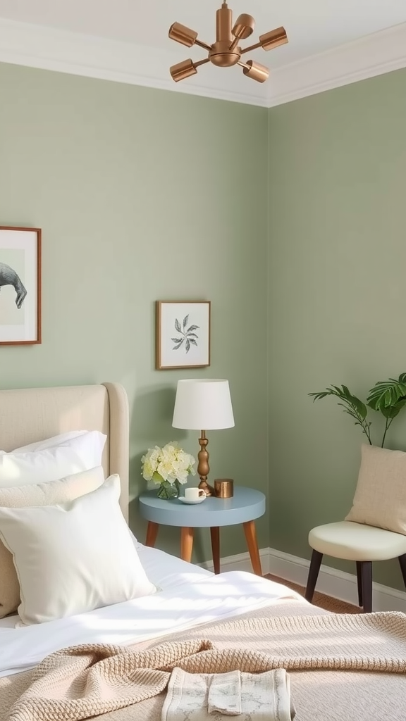 A cozy bedroom featuring pale sage green walls, light beige bedding, and modern decor elements.