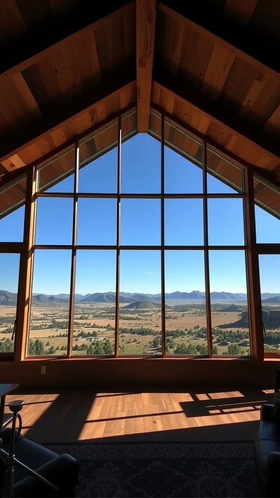 A spacious room with large panoramic windows showing a beautiful view of mountains and open fields.