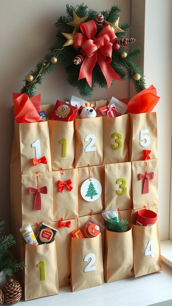A festive Paper Bag Advent Calendar decorated with bows and ornaments, featuring numbered bags filled with surprises.