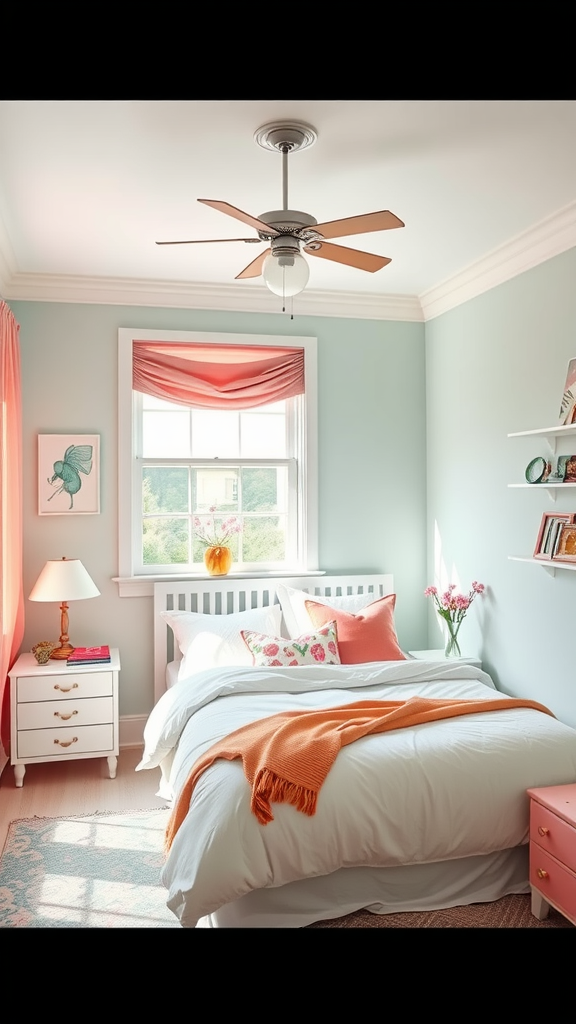 Cozy bedroom featuring pastel green walls, white bedding, and orange accents.