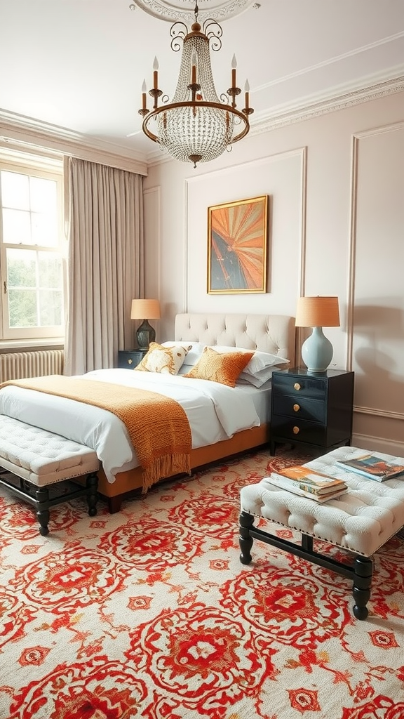 A stylish bedroom featuring a vibrant patterned carpet, elegant chandelier, and contemporary furnishings.